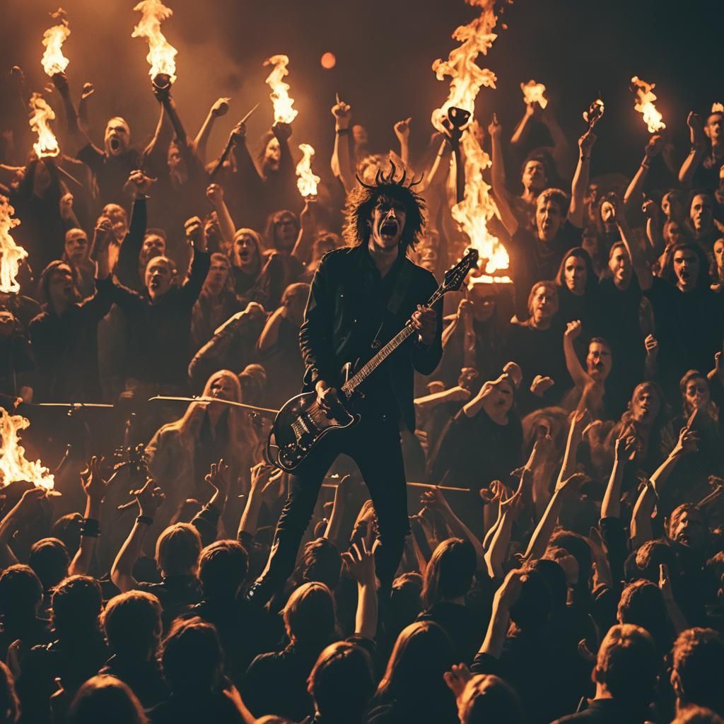 Rock Band Performance in Hellish Stage Setting