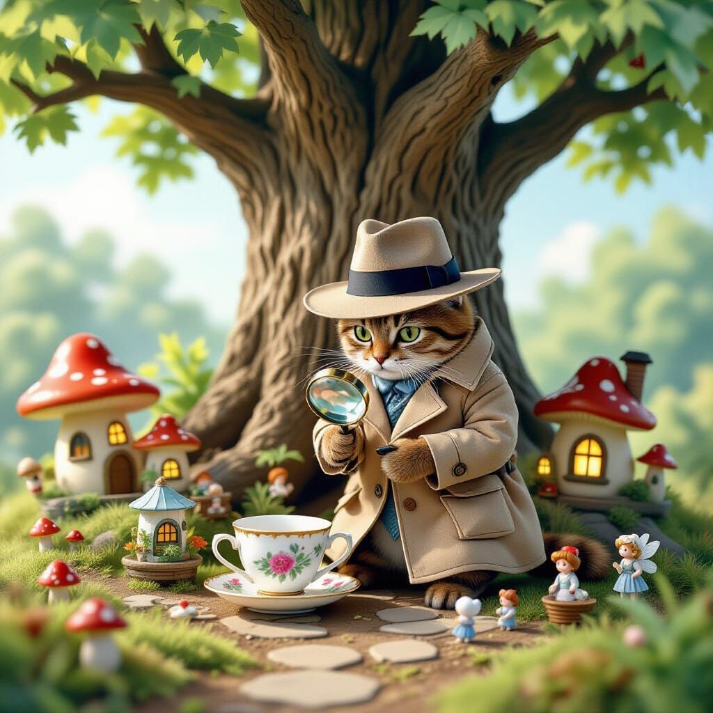 Cat Detective Investigates Fairy Village in Watercolor Style
