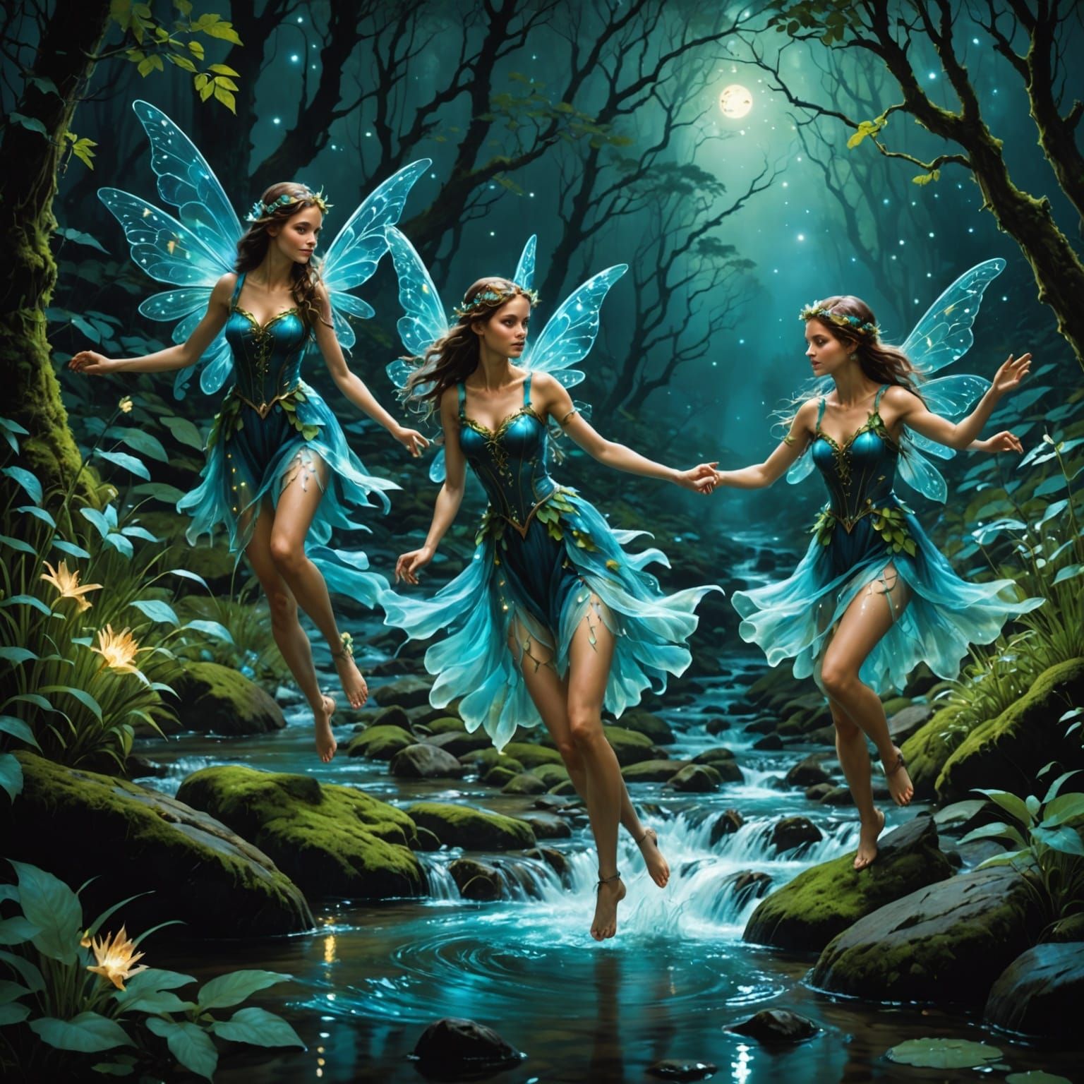 Bioluminescent Folklore Fantasy Beautiful Fairies Frolicking...