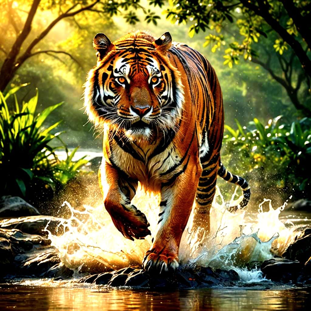 Tiger and Crocodile on Riverbank: Hyperrealistic Image