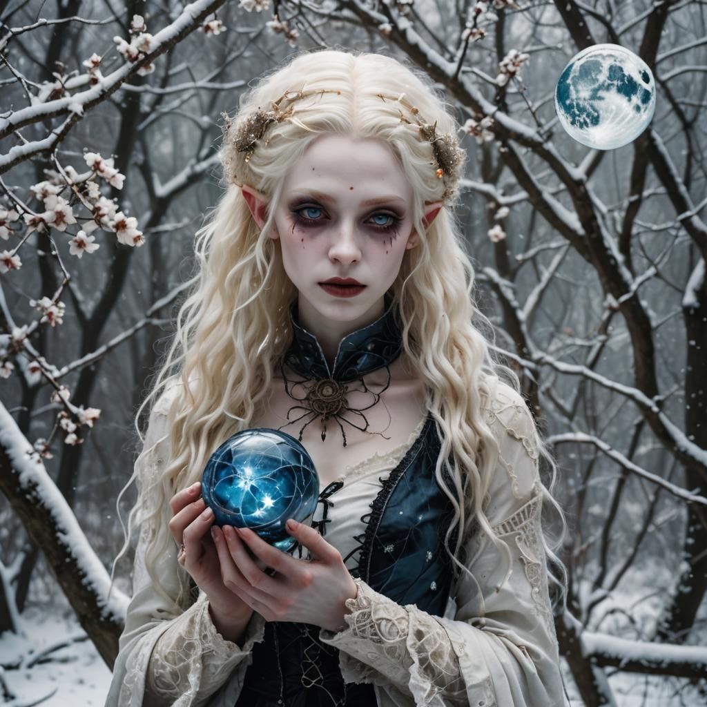 Gothic Albino Elf with Orb in Vaporwave Style