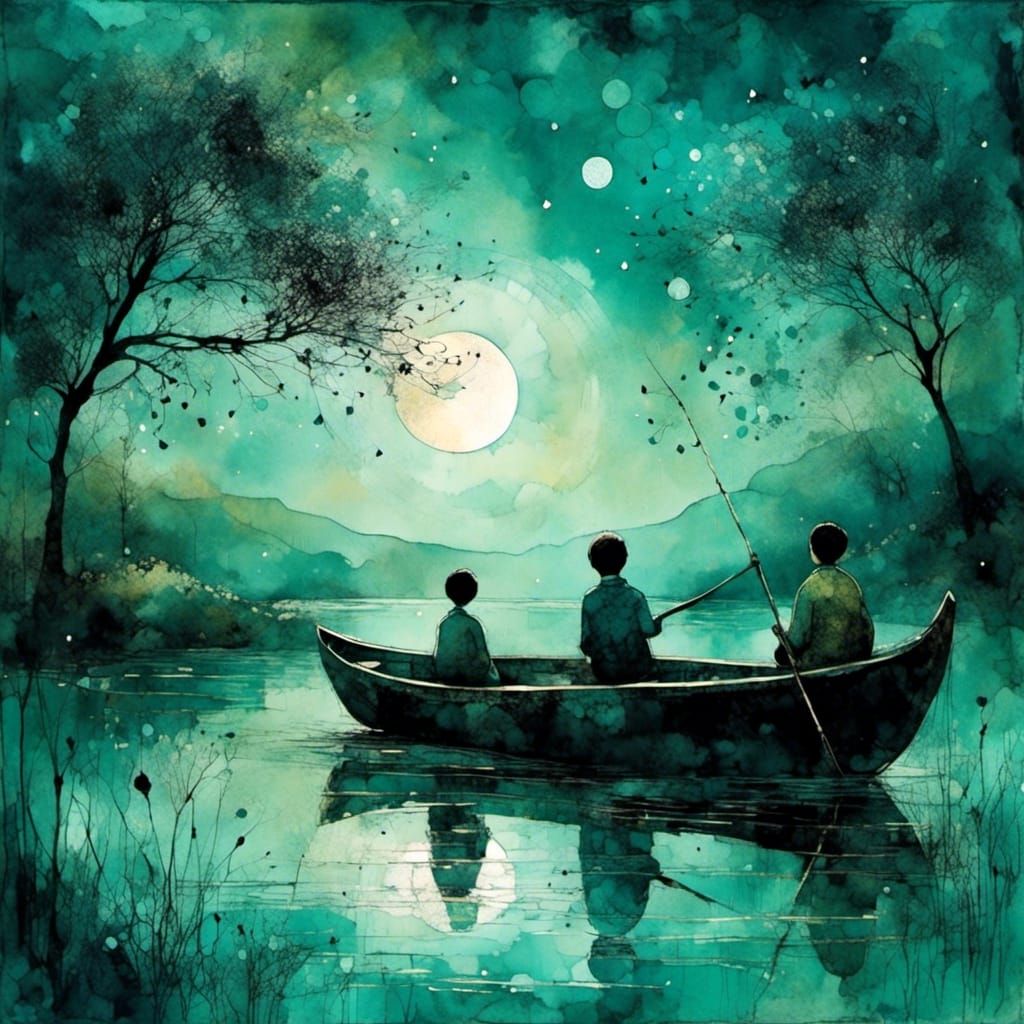 Moonlit Lake Scene with Boys in Art Brut Style