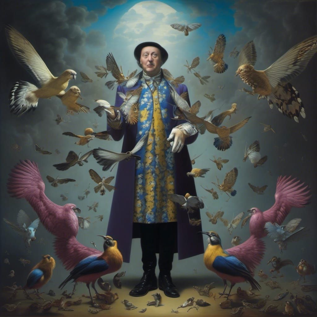 photographic <lora:Not Sure XLperience:0.5> the master of destruction surrounded by a flying zoo, by vermeer, otto Rapp