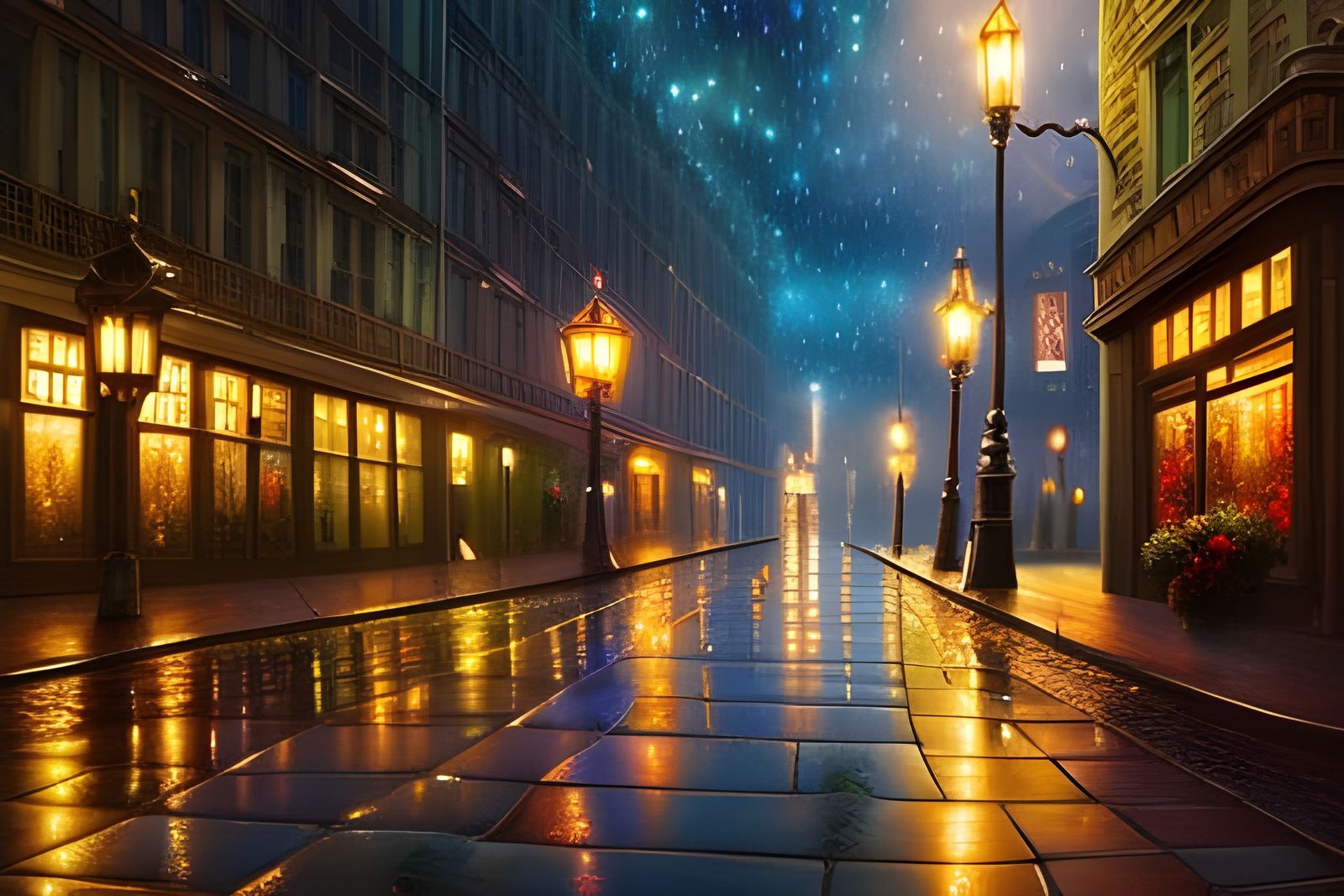 Steampunk Cityscape Under Starry Galaxy Sky