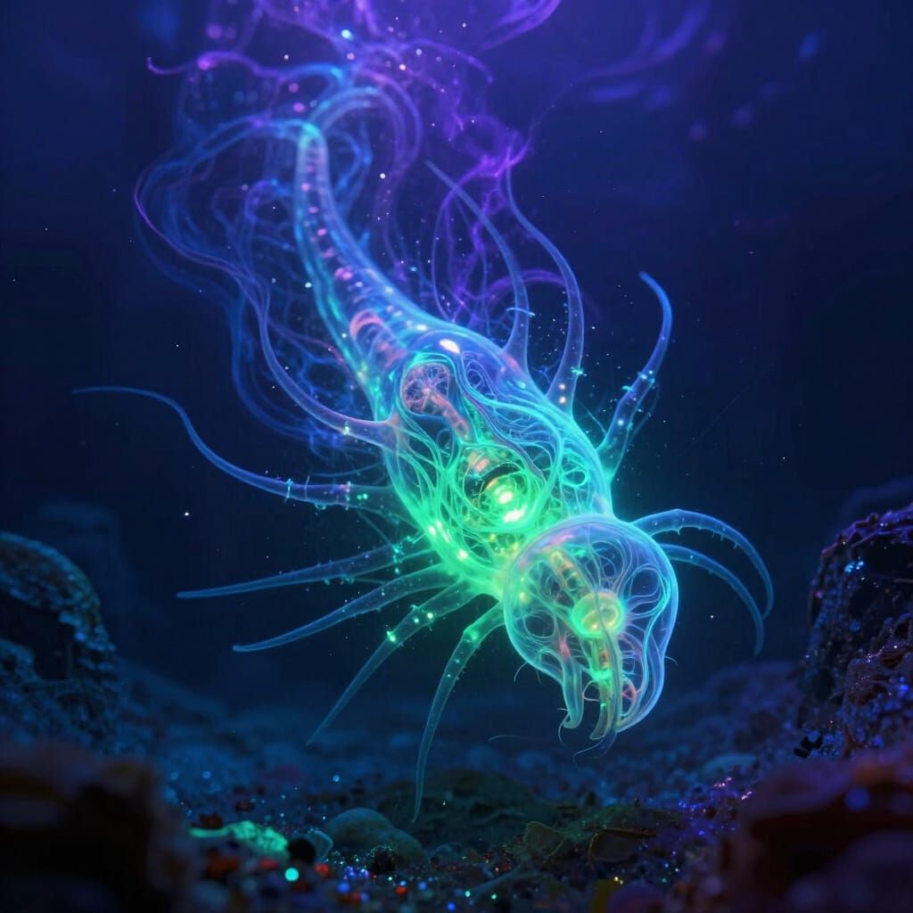 Bioluminescent Astral Larva in Deep Sea Trench