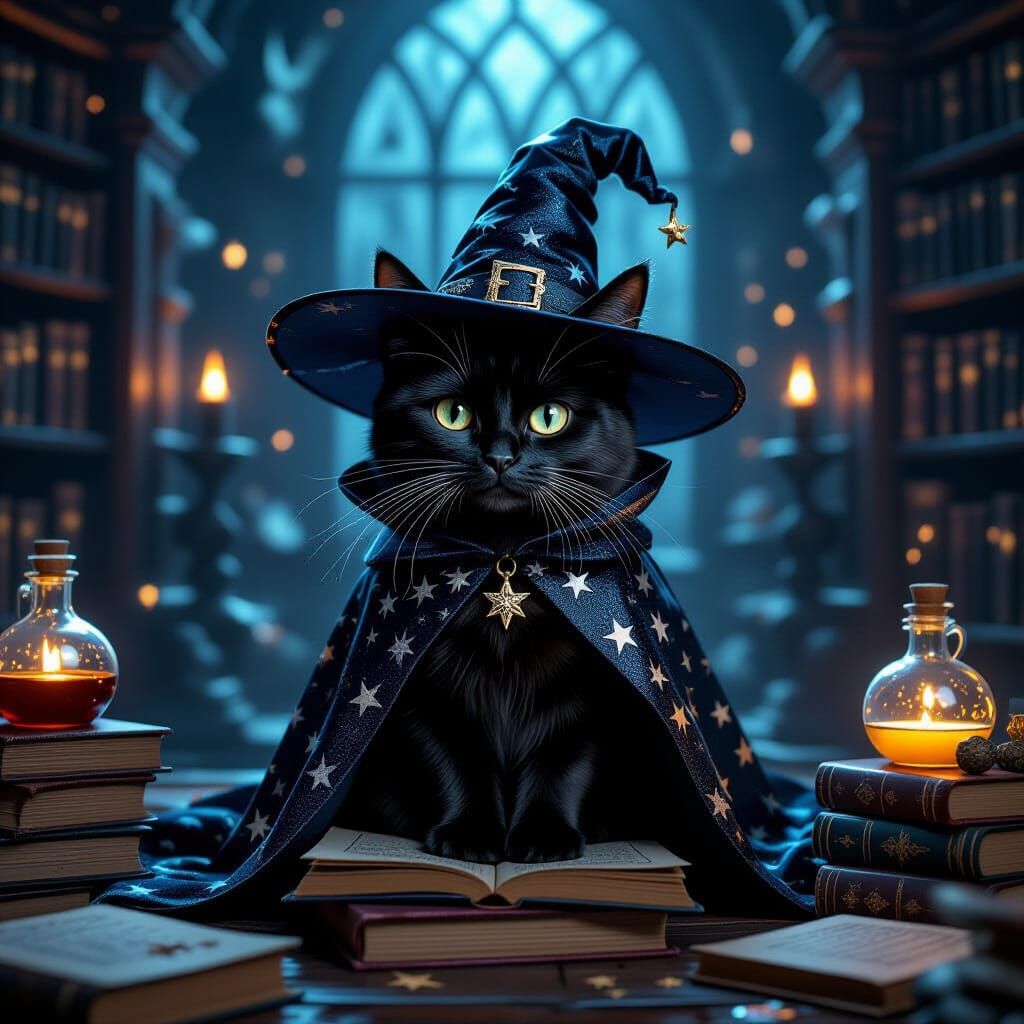 Black Cat Witch in Enchanted Library