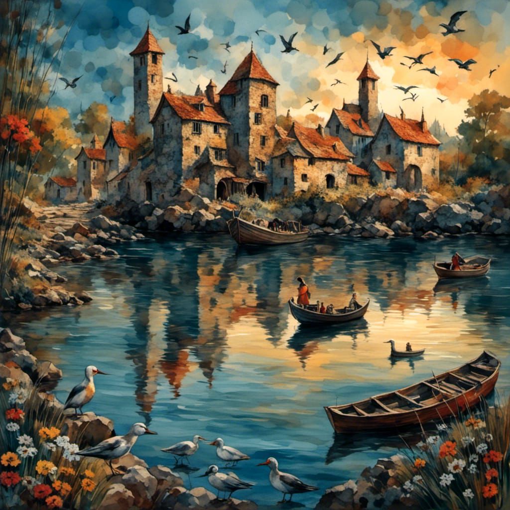 Seagulls Fly Over Sea Mill: Colorful Watercolor