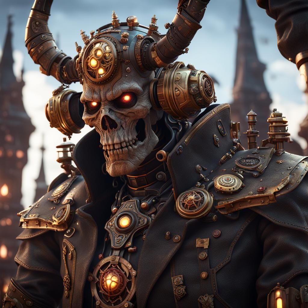 Steampunk Cyborg Demon Priest in 3D Cinematic Style
