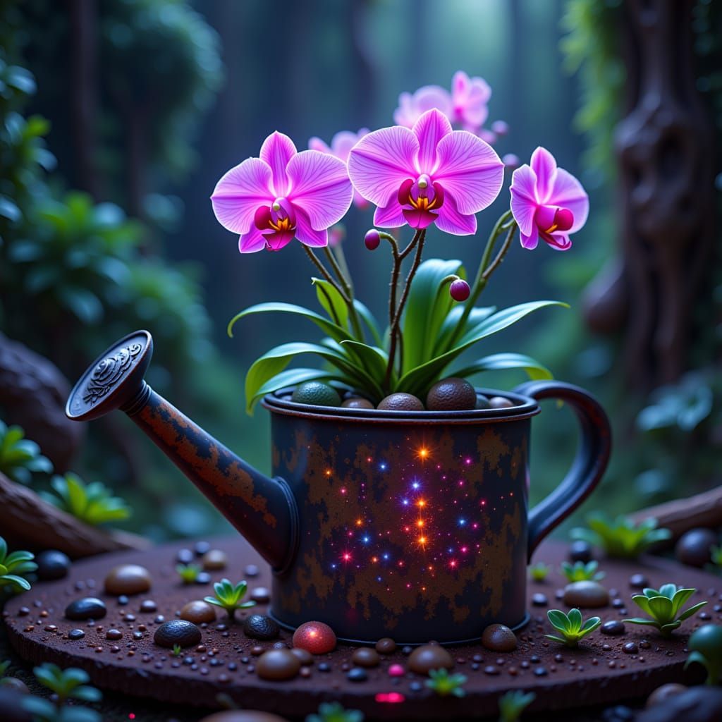 Bioluminescent Orchid in Watering Can as Digital Art
