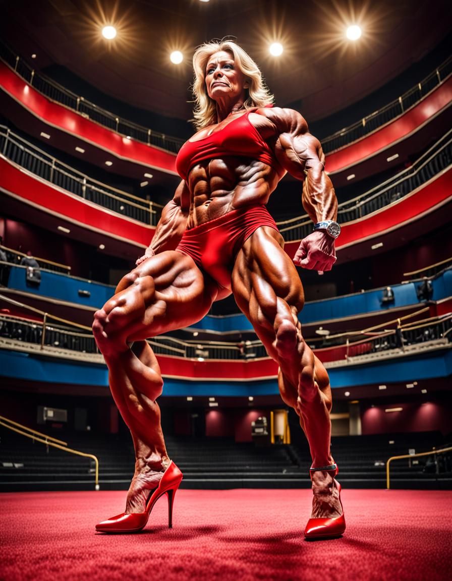 Ripped Female Bodybuilder in Theater, Hyperrealistic Portrai...