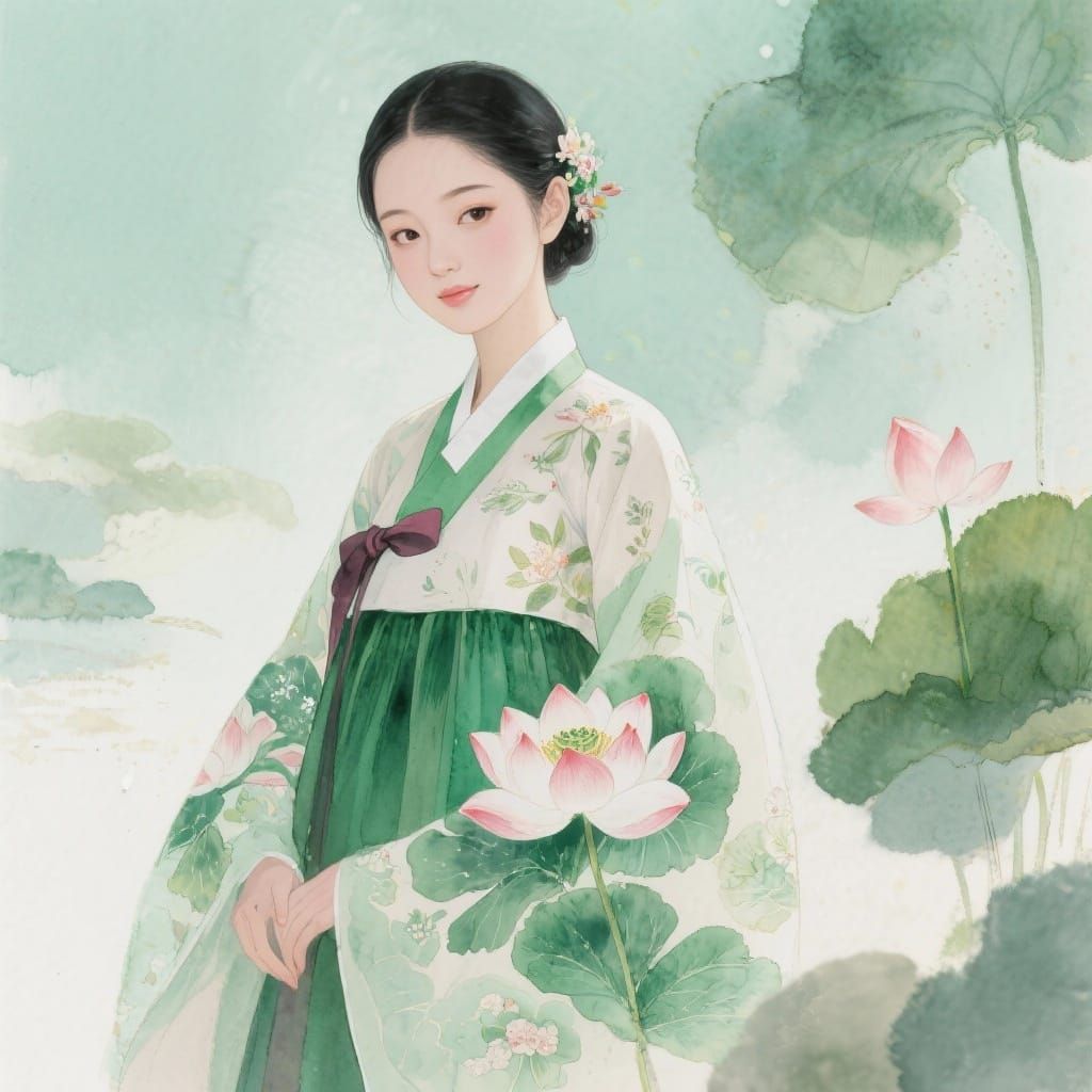 Woman in Hanbok Amidst Lotus Flowers, Watercolor Painting