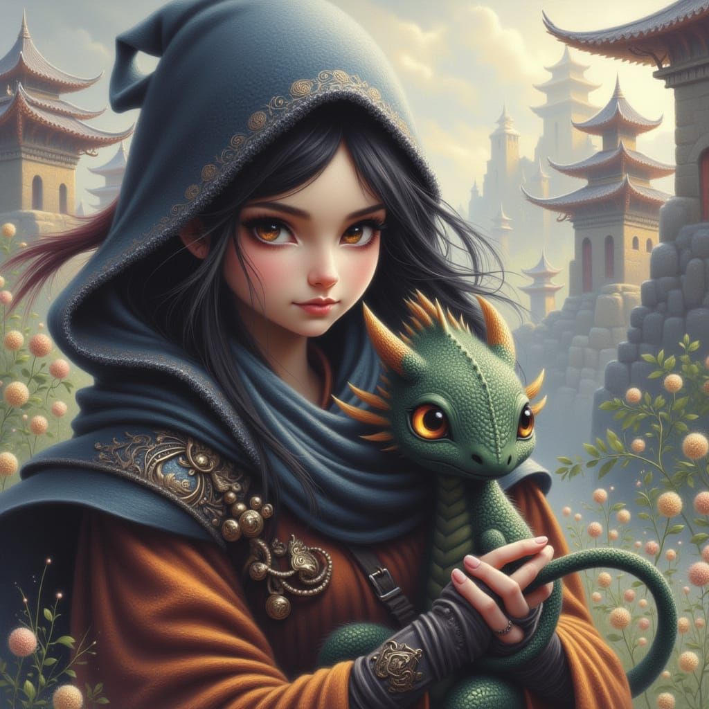 Ninja and Dragon in Whimsical Fantasy Fortress