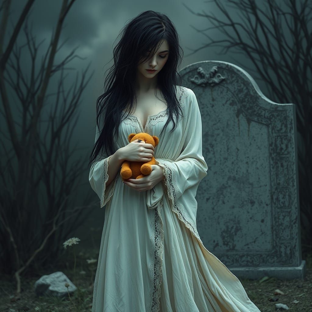Ethereal Woman at a Weathered Grave in Dark Fantasy Style