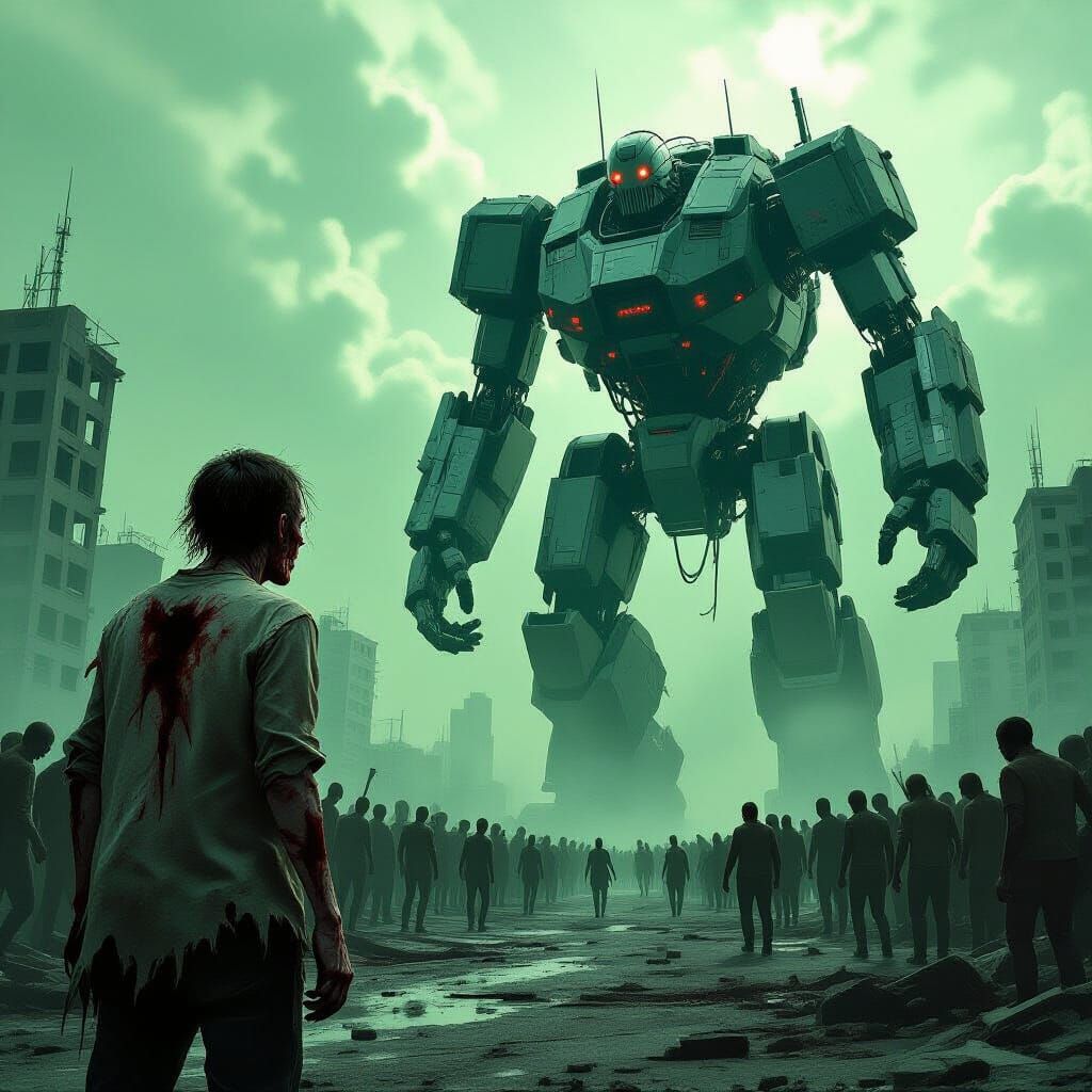 Robot vs Zombie Horde in Post-Apocalyptic City