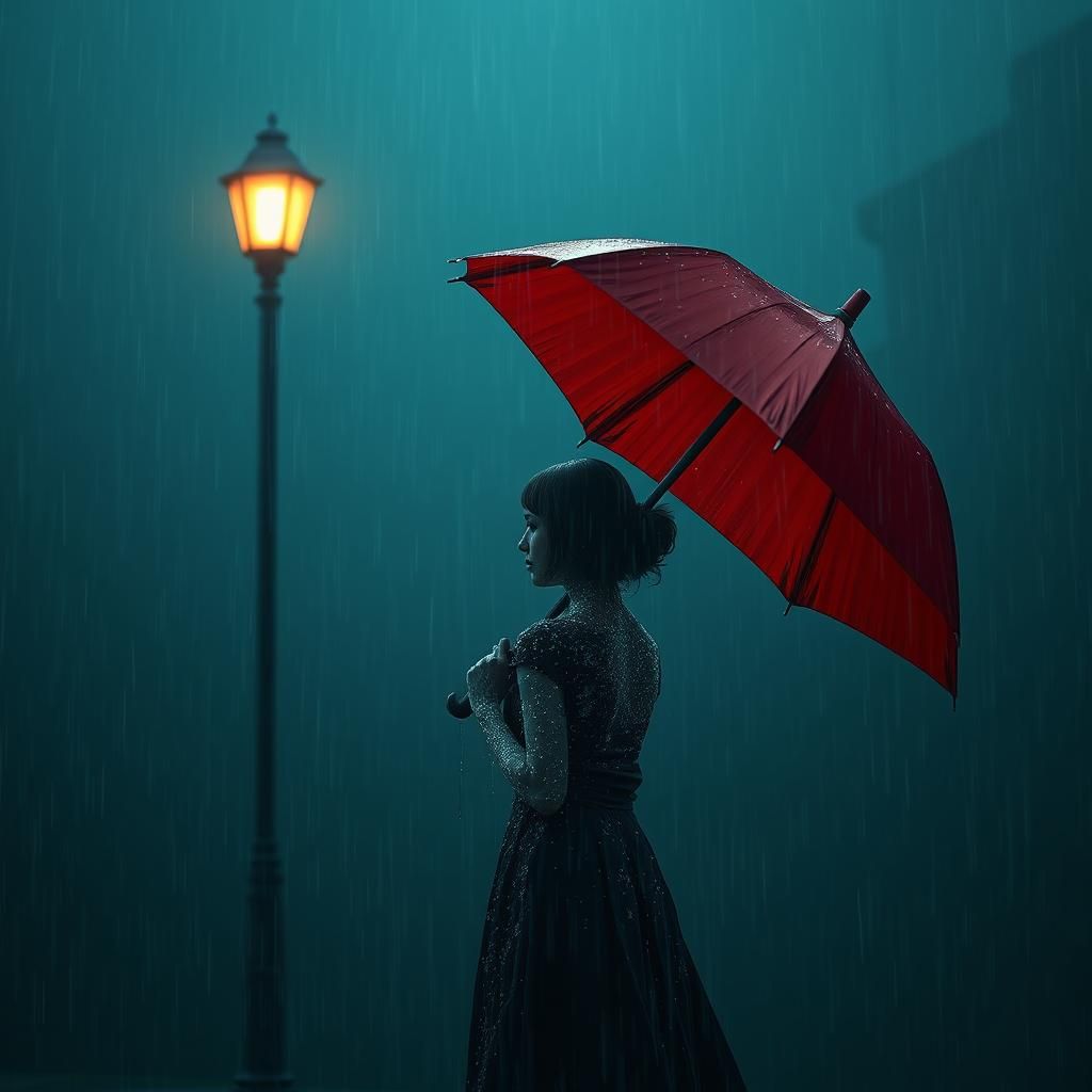 Melancholic Rain Woman with Red Umbrella