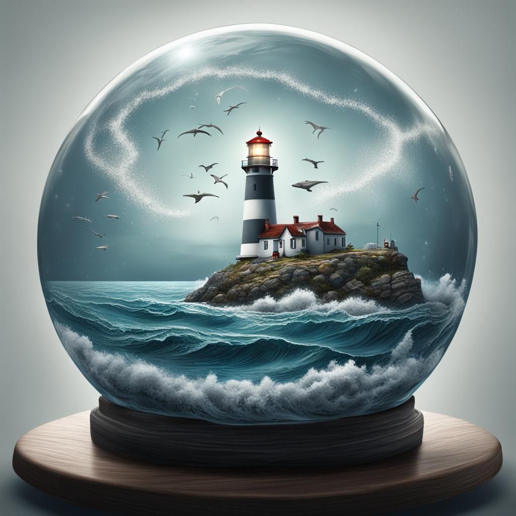 Lighthouse and Ocean in Glass Sphere: Hyperrealistic Visual