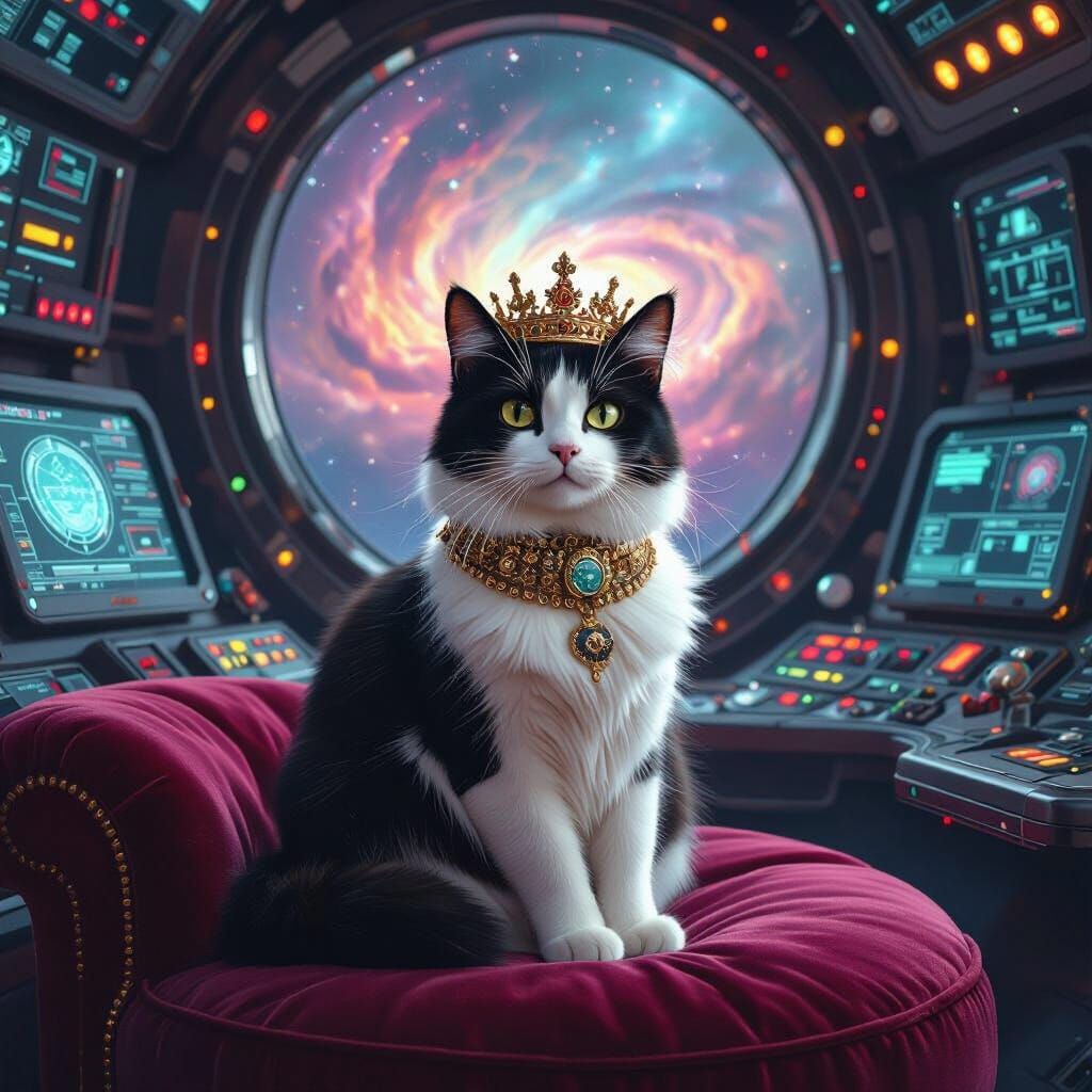 Regal Tuxedo Cat in Spaceship Control Room