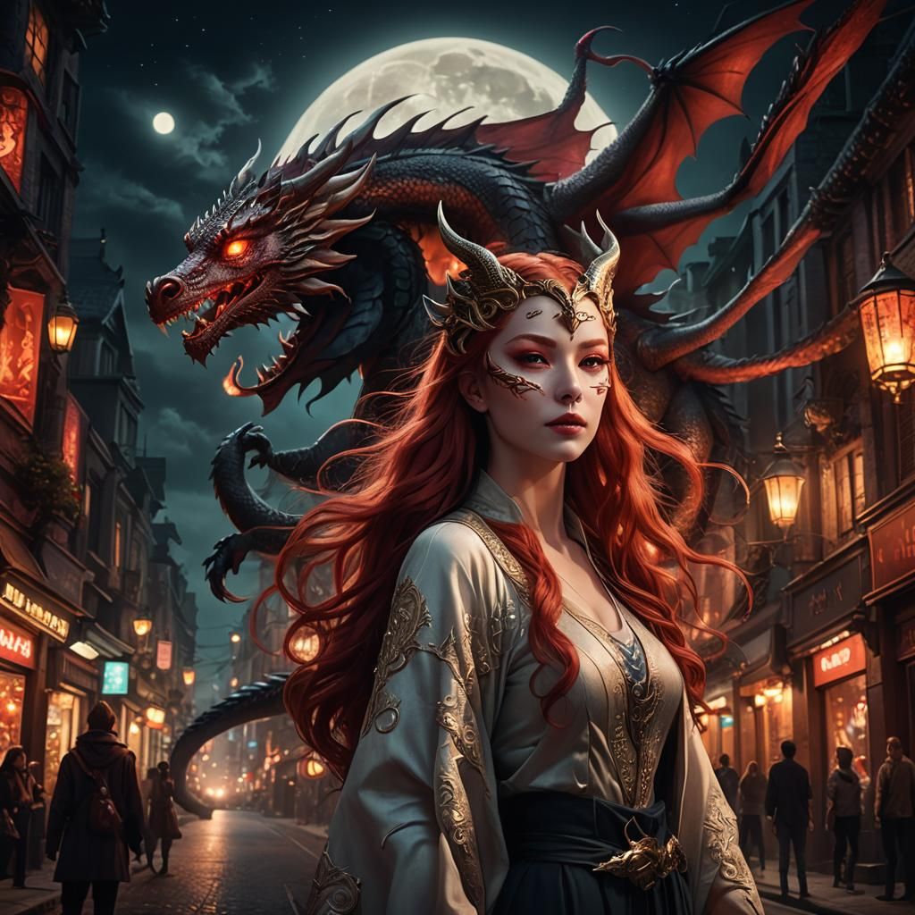 Mystical Woman with Dragon in Fantasy Art Style