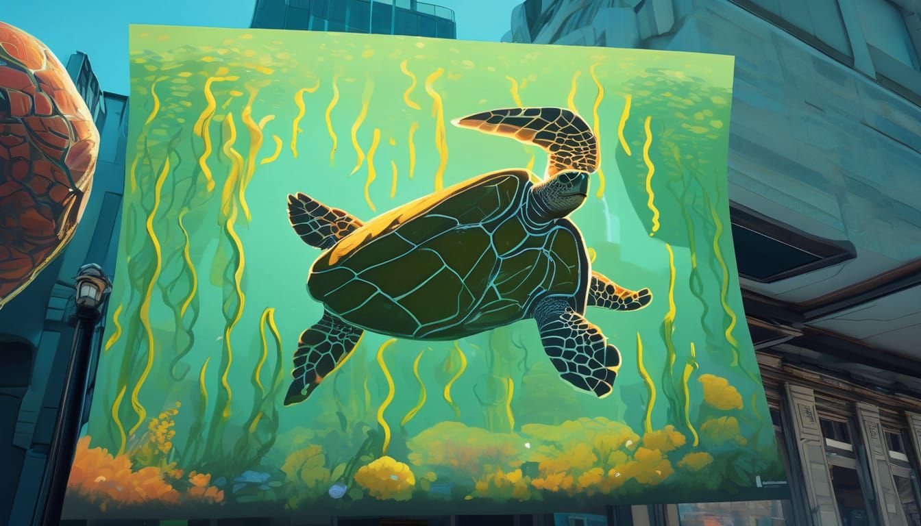 Sea Turtle Glides Through Enchanted Ocean in Vibrant Colors