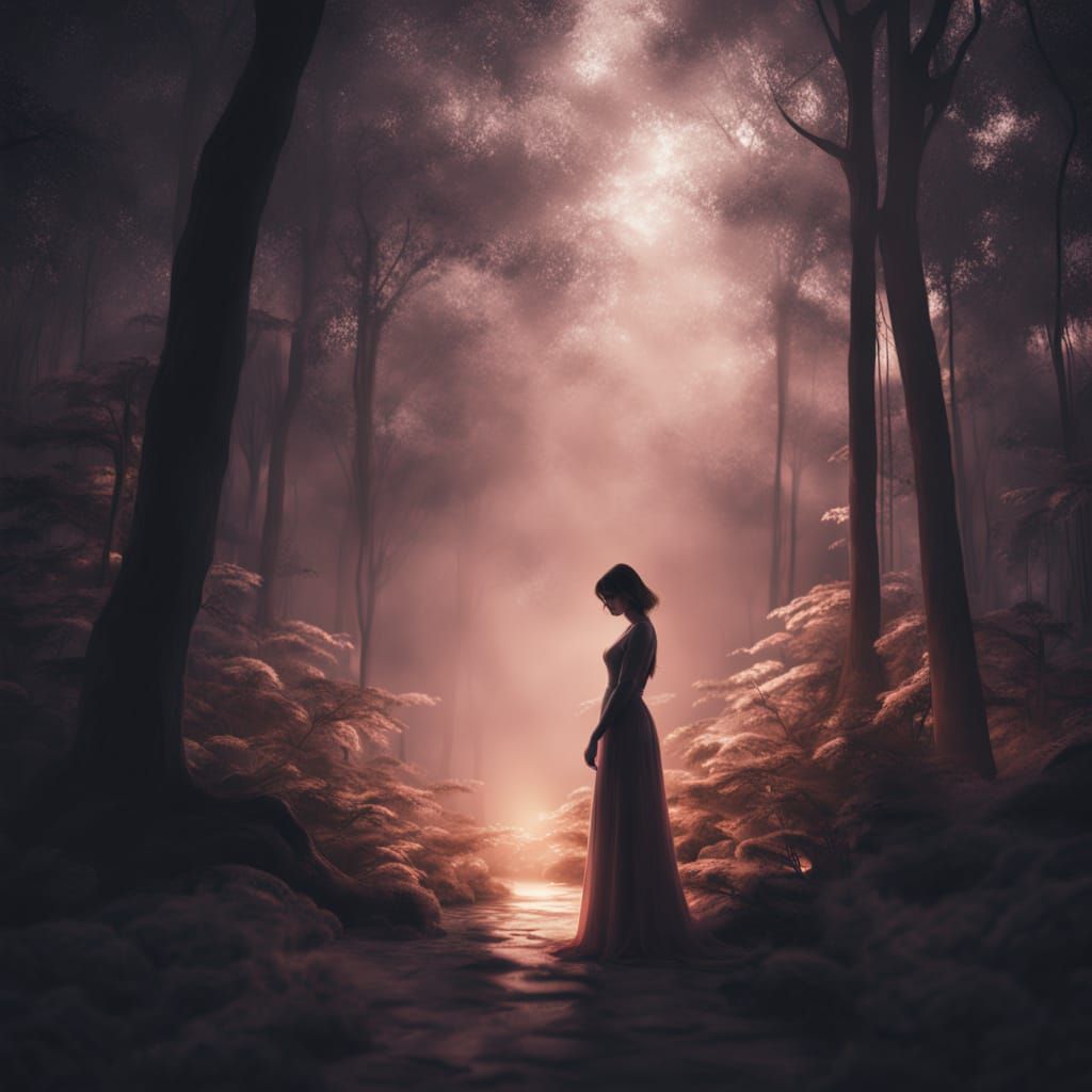 Enchanting Dark Fantasy Line Art of a Woman in Mystical Fore...