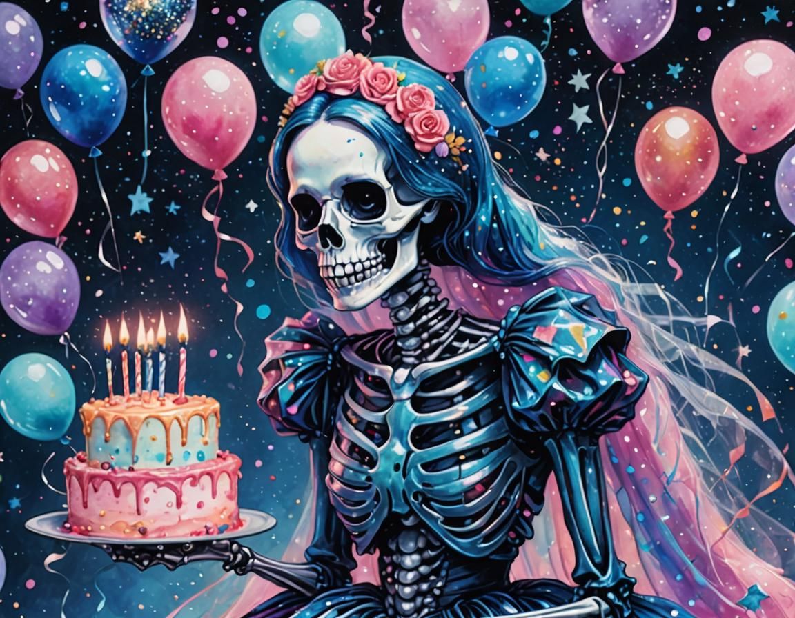 Girly Skeleton Birthday Celebration in Outer Space
