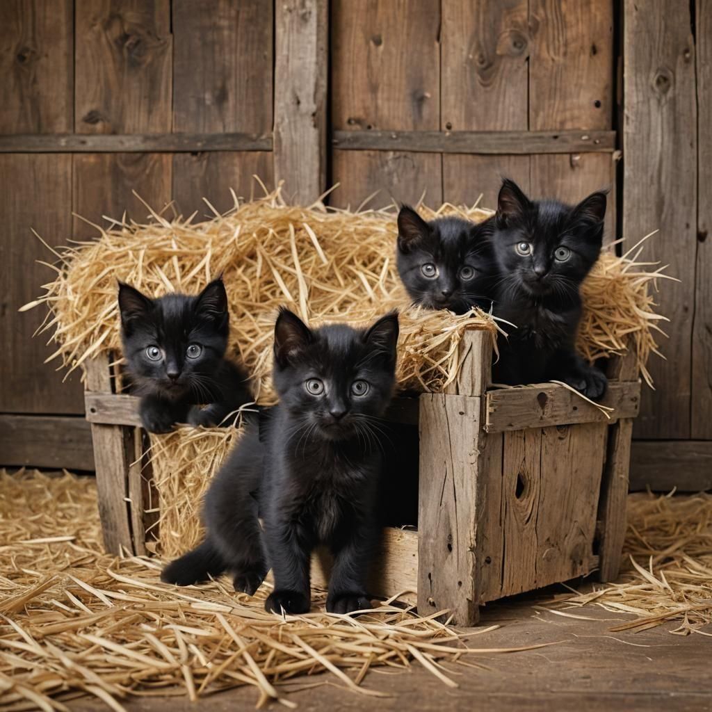 Four Adorable Black Kittens in Barn