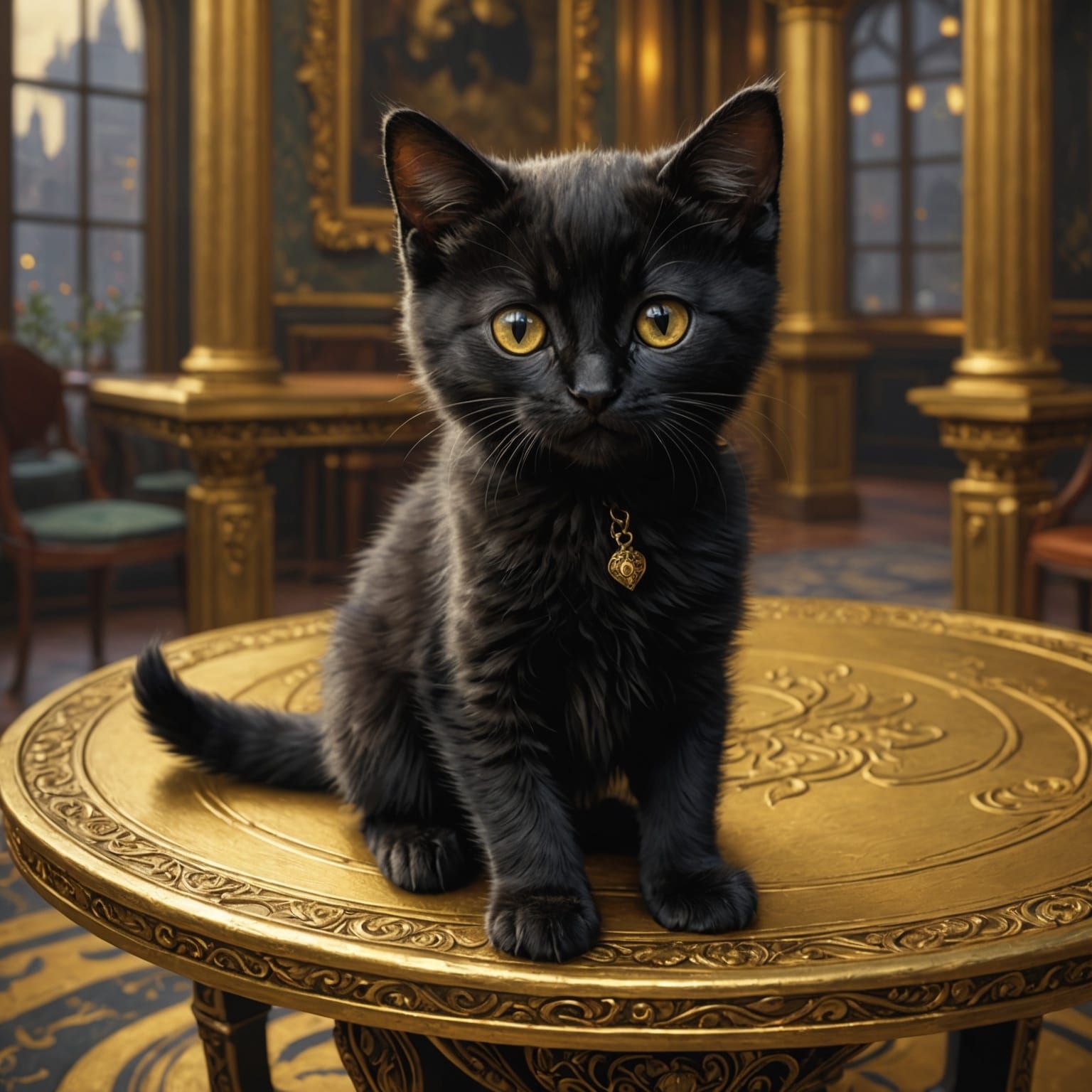 Black Kitten on Golden Table, Anime Style
