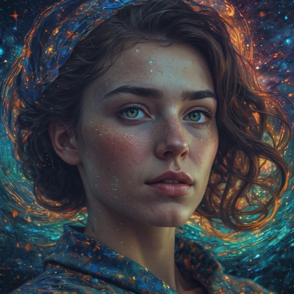 Woman's Gaze in Night Sky, Holographic Illustration