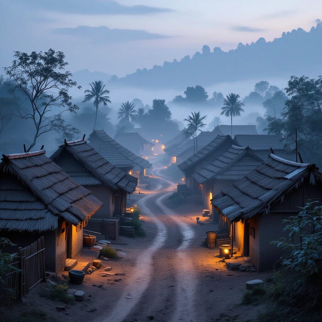 3D Realistic Indian Village at Dusk with Fog