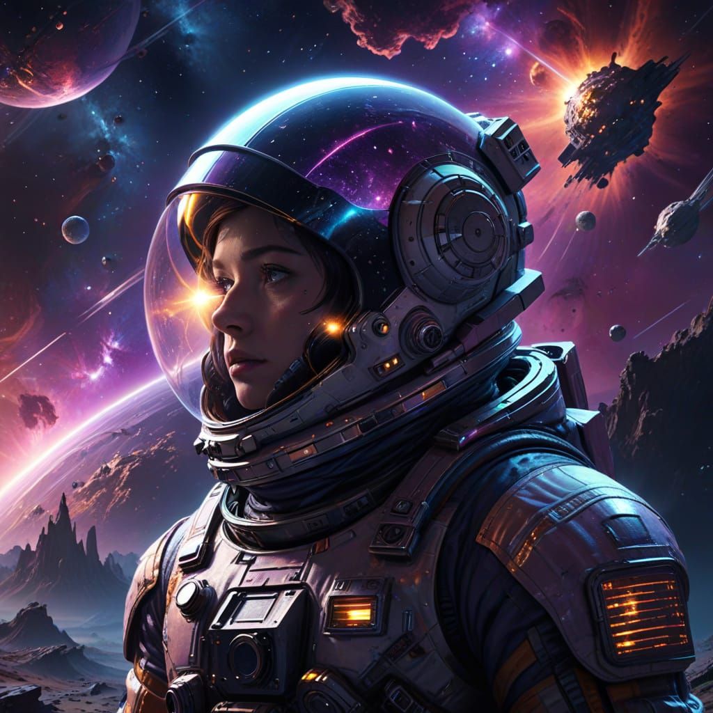 Astronaut's Reflection: Alien City in Swirling Nebula