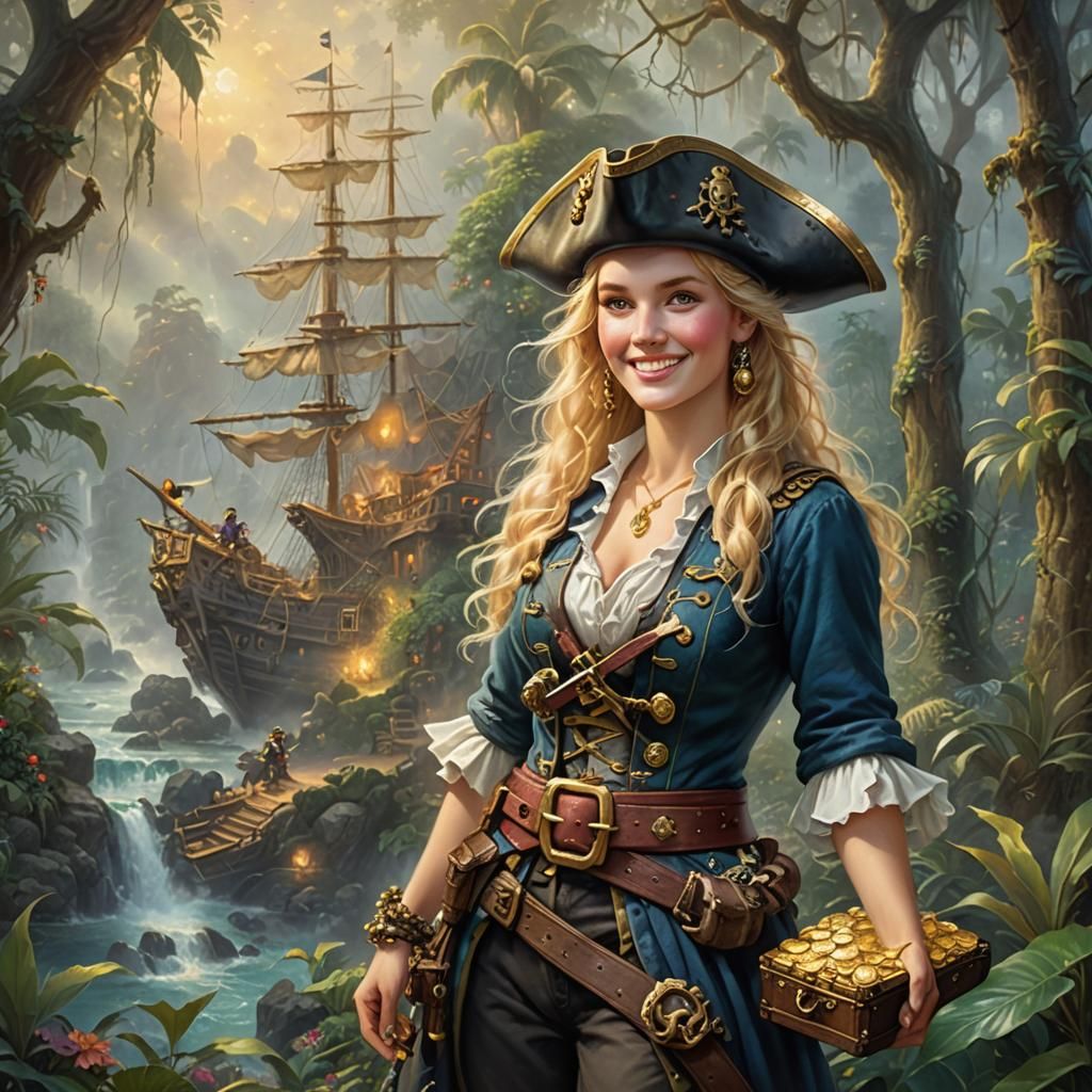 Blonde Pirate with Gold in Victorian Jungle