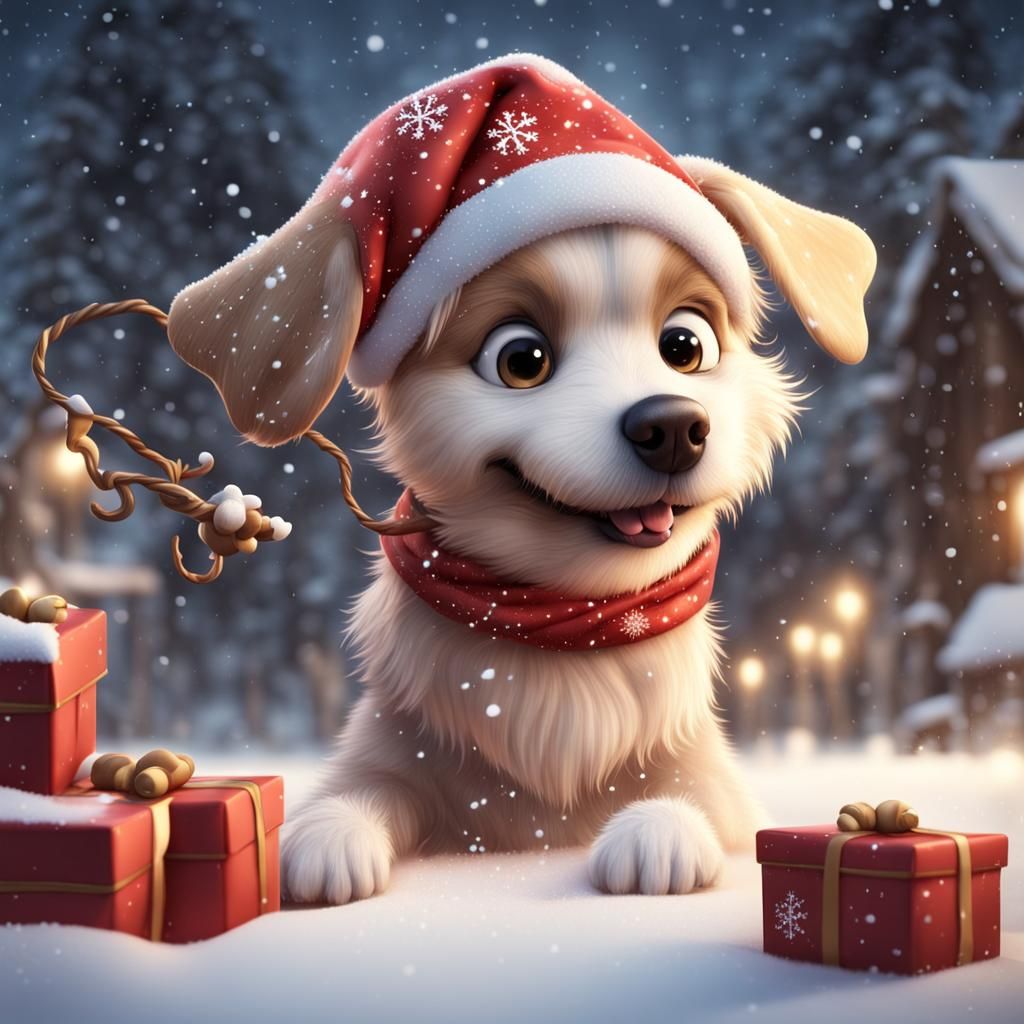 Cute Dog with Christmas Bone in Pixar Style