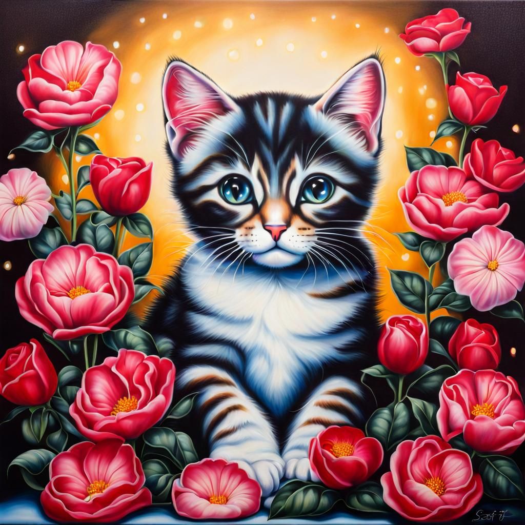 Cute Cat Surrounded by Flowers and Heart Lights