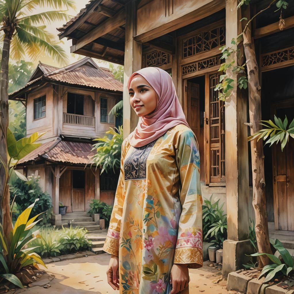 Malaysian Woman in Baju Kurung: Watercolor Painting