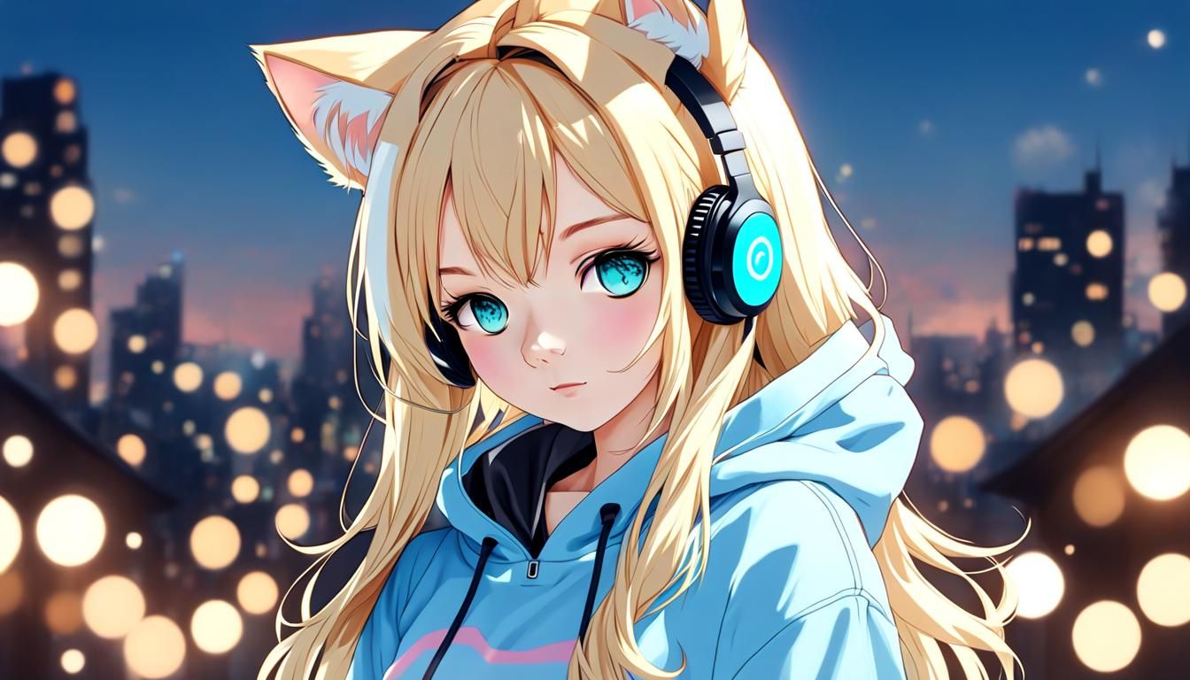 Anime Girl with Cat Ears and Headphones