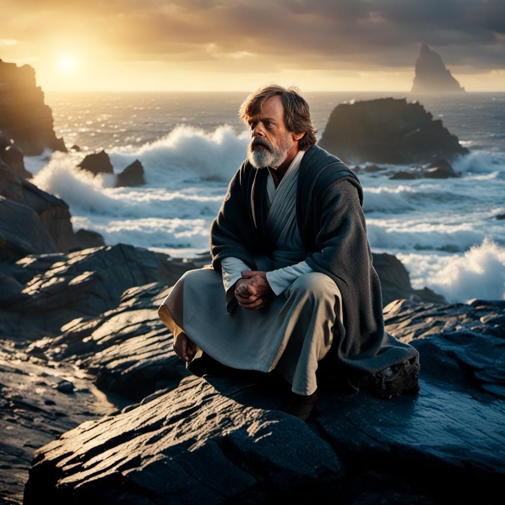 Luke Skywalker Meditating on Rocky Island at Sunset
