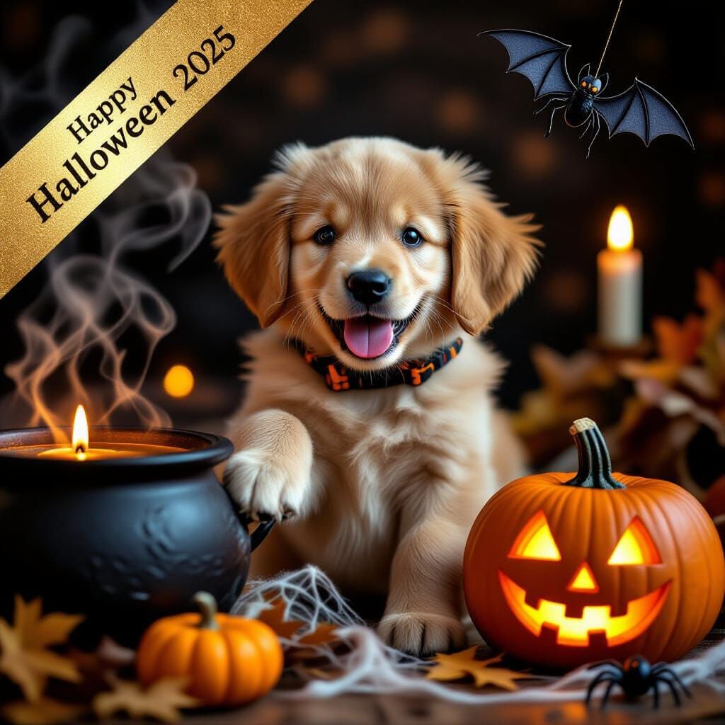 Playful Golden Retriever Puppy in Whimsical Halloween Scene