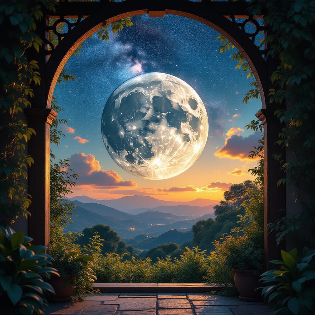 Moonlit Garden Through Carved Window
