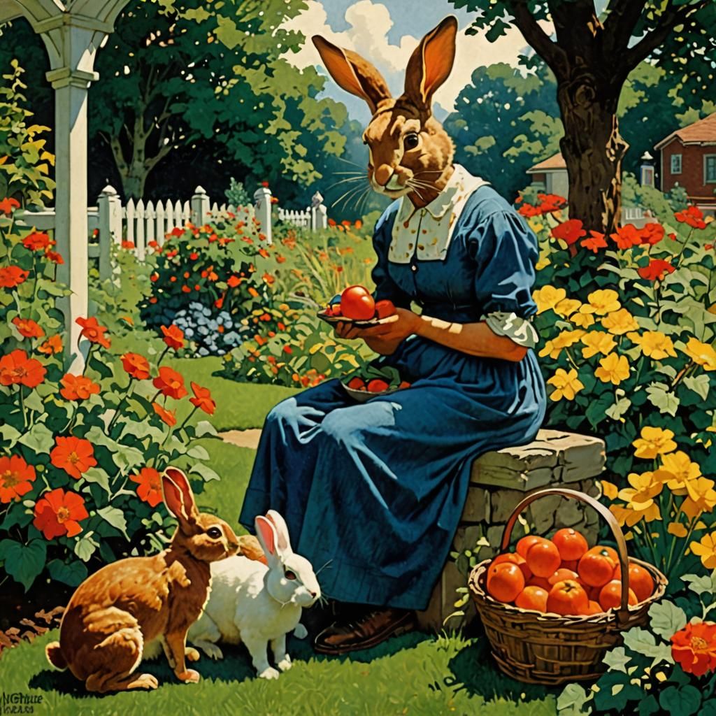 Rabbit in Garden: Retro Advertising Illustration