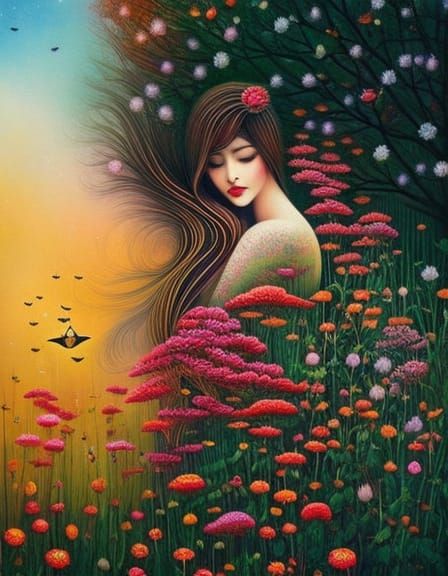 Smiling Woman in Fairytale Black and White Drawing