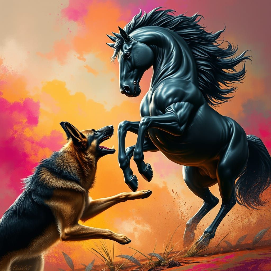 Majestic Black Stallion Confronts Snarling German Shepherd i...