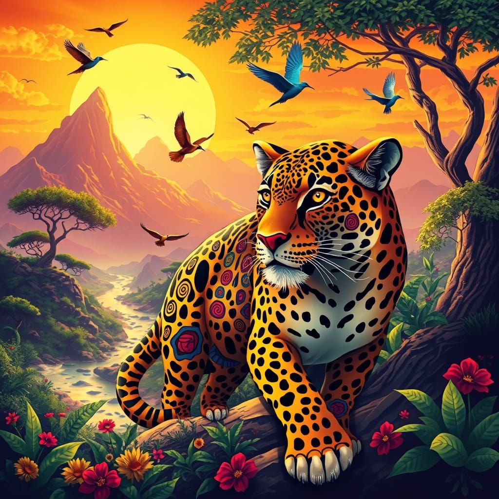Majestic Leopard Basks in Surreal Sunset Landscape