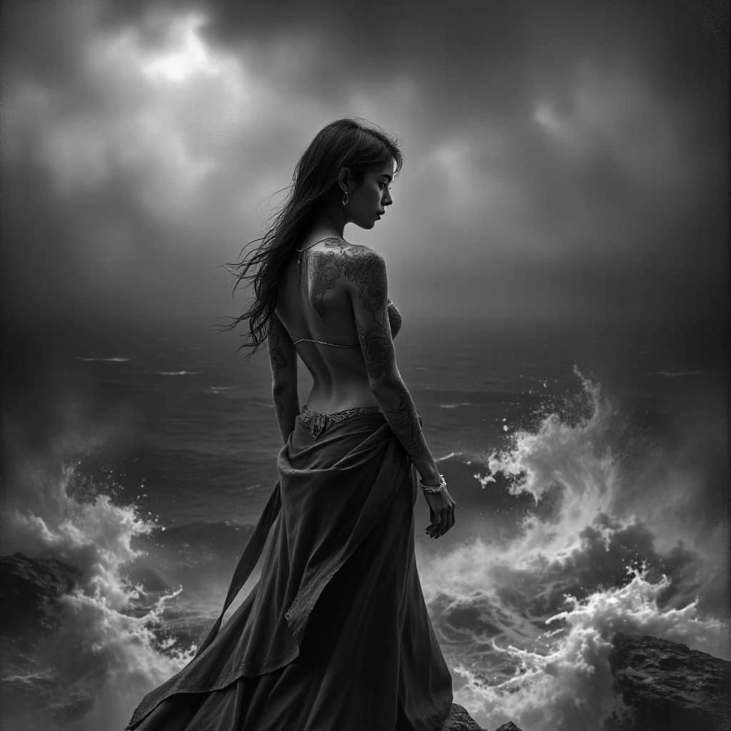 Filipina Woman on Cliff Overlooking Stormy Sea