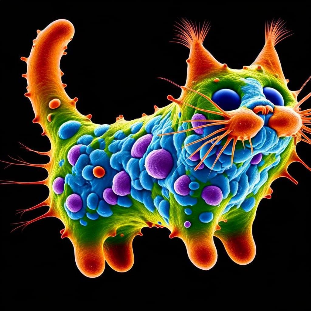 Colorful Cat-Shaped Amoeba Under Electron Microscope