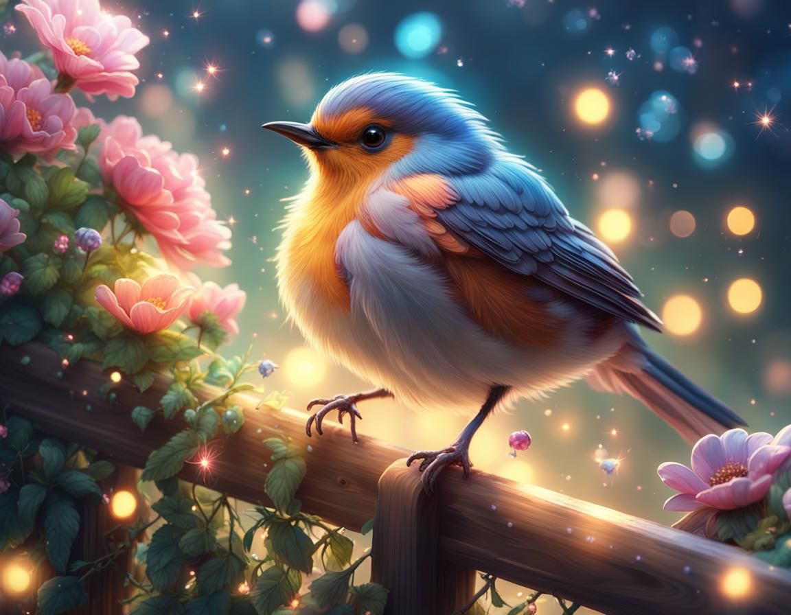 Bird with Luminous Sparkles in Fantasy Landscape