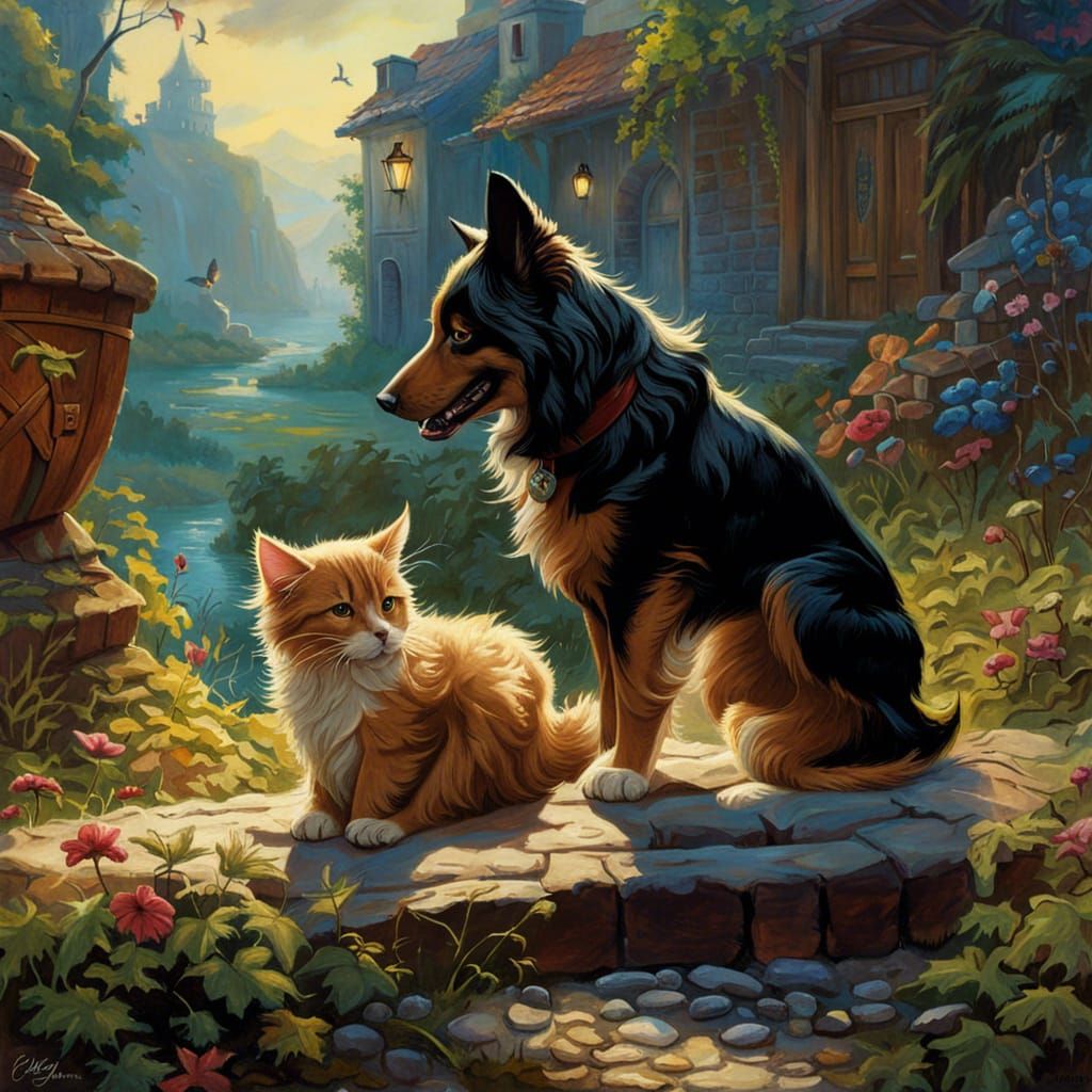 Dog and Cat Playing: Hyperdetailed Acrylic Art