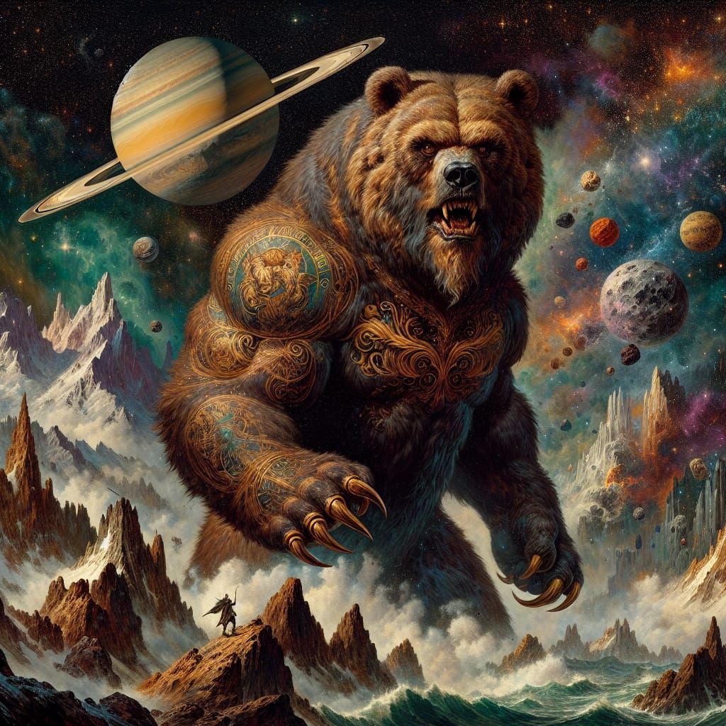 Colossal Werebear Destroys Saturn in Detailed Painting