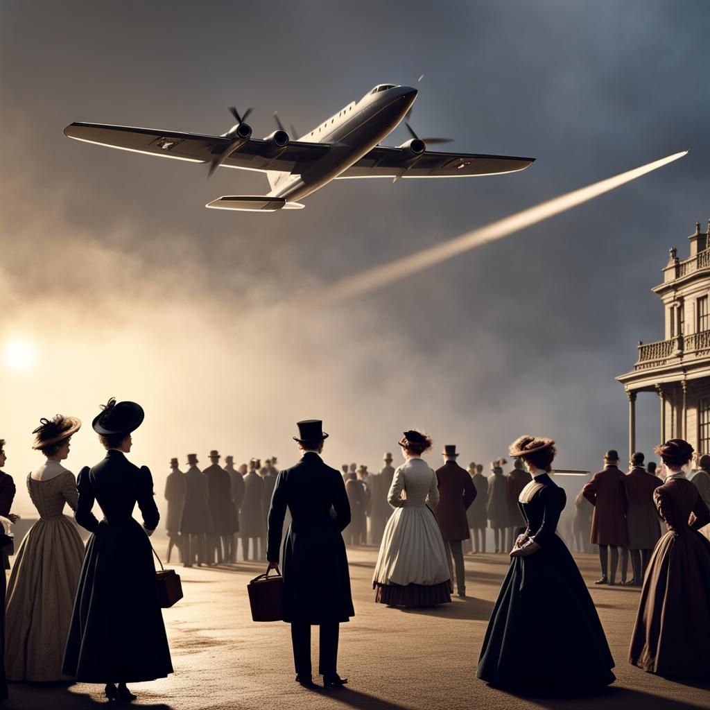 Victorians Witnessing a Jet Plane Landing