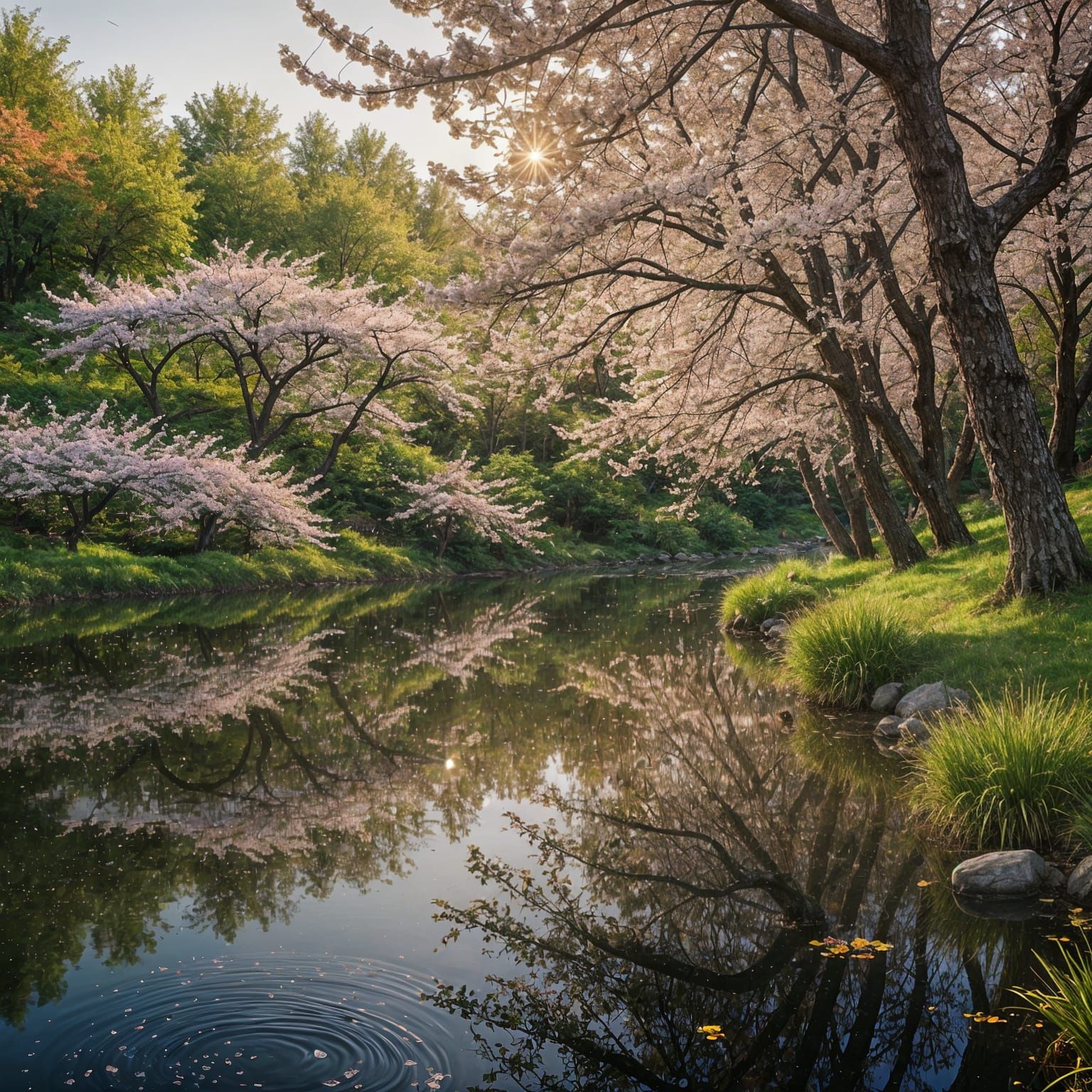 Realistic Wilderness Scene with Cherry Trees and Pond