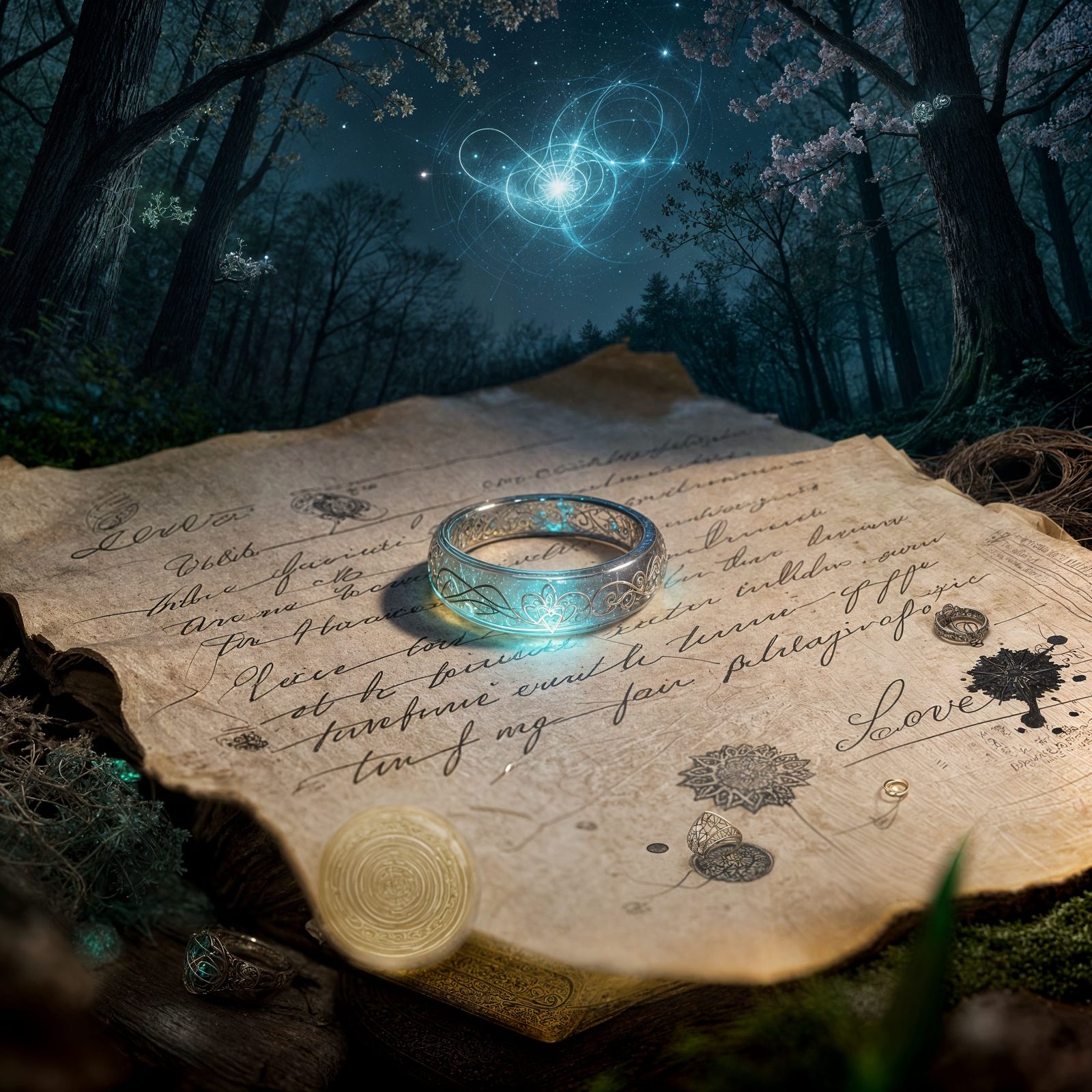 Elven Resin Ring with Luminescent Glow on Parchment